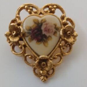 Vintage 1928 Brand Antique Style Gold Tone & Floral Heart Brooch Pin